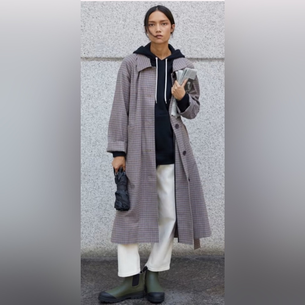 NEW Everlane Gathered Drape Trench in Blue/Brown Houndstooth Medium